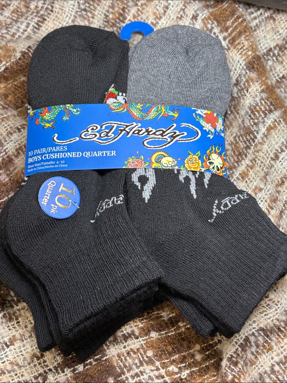 Ed Hardy Black and Gray Athletic Quarter Socks 10 Pack Size 4–10